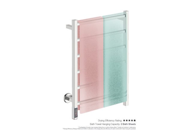 Cubic 6 Bar 530mm Heated Towel Rack with TDC Timer showing artists impression of two bath sheets folded twice on the short side - Bathroom Butler