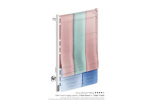 Cubic 8 Bar 650mm Heated Towel Rack with TDC Timer showing artists impression of folded bath sheets - Bathroom Butler