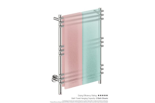 Loft 9 Bar 550mm Heated Towel Rack with PTSelect Switch showing artists impression of two bath towels folded twice on the short side - Bathroom Butler