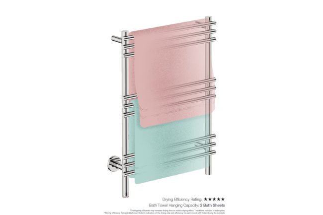 Loft 9 Bar 550mm Heated Towel Rack with PTSelect Switch showing artists impression of two bath towels folded twice on the long side - Bathroom Butler