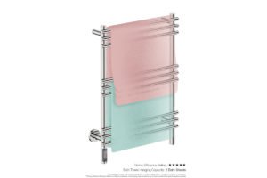 Loft 9 Bar 550mm Heated Towel Rack with TDC Timer showing artists impression of two bath towels folded twice on the long side - Bathroom Butler