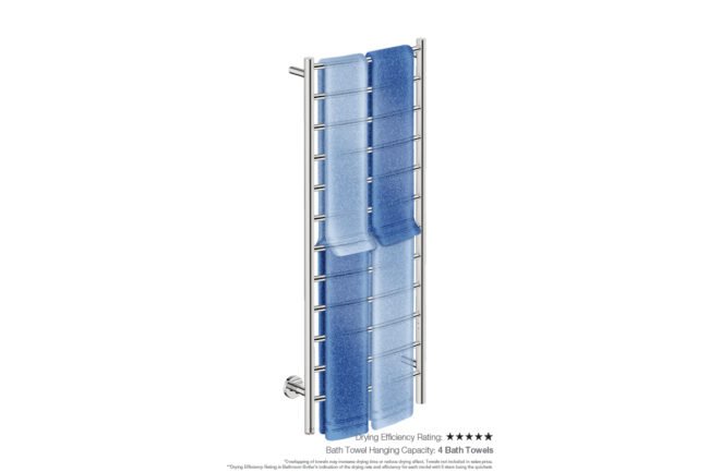 Natural 12 Bar 500mm/20" Heated Towel Rack Curved with PTSelect Switch showing artists impression of four bath towels folded twice on the short side - Bathroom Butler