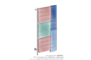 Natural 12 Bar 650mm Heated Towel Rack Straight with PTSelect Switch showing artists impression of folded bath sheets and bath towels - Bathroom Butler