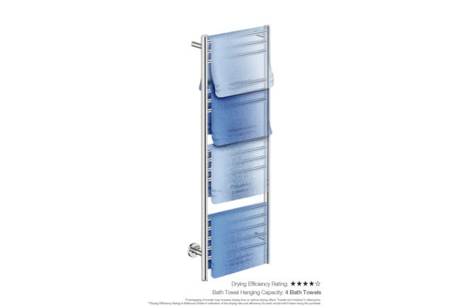 Natural 15 Bar 430mm Heated Towel Rack Straight with PTSelect Switch showing artists impression of four folded bath towels - Bathroom Butler