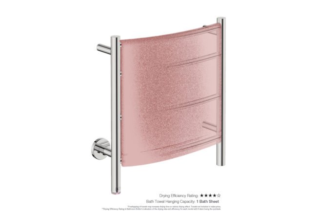 Natural 4 Bar 500mm Heated Towel Rack Curved with PTSelect Switch showing artists impression of a bath towels folded twice on the long side - Bathroom Butler