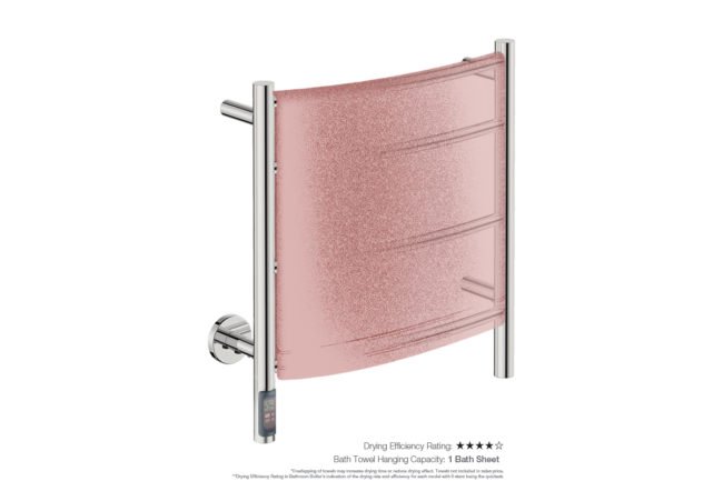 Natural 4 Bar 500mm Heated Towel Rack Curved with TDC Timer showing artists impression of a bath towels folded twice on the long side - Bathroom Butler