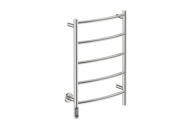 Natural 5 Bar 500mm Heated Towel Rack Curved with TDC Timer - 230V in Polished Stainless Steel - Bathroom Butler heated towel rails