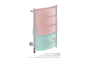 Natural 5 Bar 500mm Heated Towel Rack Curved with TDC Timer showing artists impression of two bath towels folded twice on the long side - Bathroom Butler