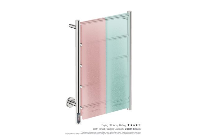 Natural 5 Bar 500mm Heated Towel Rack Straight with TDC Timer showing artists impression of two bath towels folded twice on the short side - Bathroom Butler