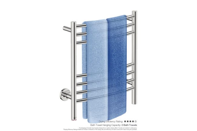 Natural 7 Bar 500mm Heated Towel Rack Curved with PTSelect Switch showing artists impression of two bath towels folded twice on the short side - Bathroom Butler