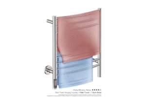 Natural 7 Bar 500mm Heated Towel Rack Curved with TDC Timer showing artists impression of one bath towel and one bath sheet folded twice on the long side - Bathroom Butler