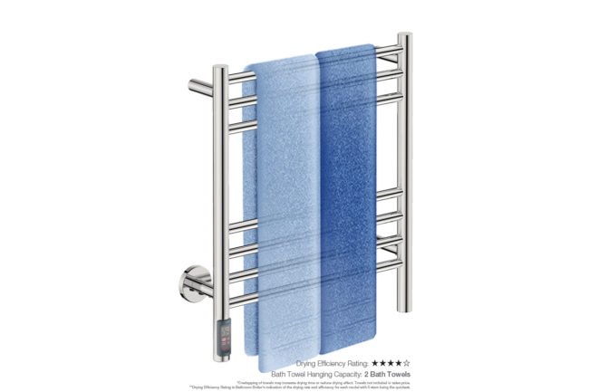 Natural 7 Bar 500mm Heated Towel Rack Straight with TDC Timer showing artists impression of two bath towels folded twice on the short side - Bathroom Butler