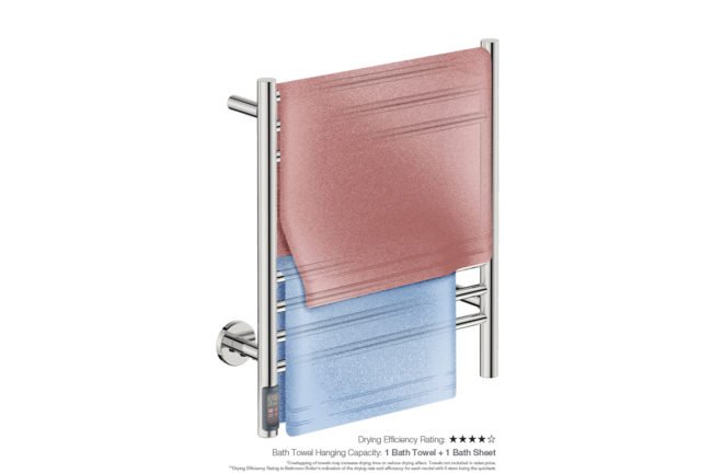 Natural 7 Bar 500mm Heated Towel Rack Straight with TDC Timer showing artists impression of one bath towel and one bath sheet folded twice on the long side - Bathroom Butler