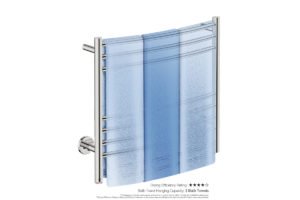 Natural 7 Bar 650mm Heated Towel Rack Curved with PTSelect Switch showing artists impression of three bath towels folded twice on the short side - Bathroom Butler