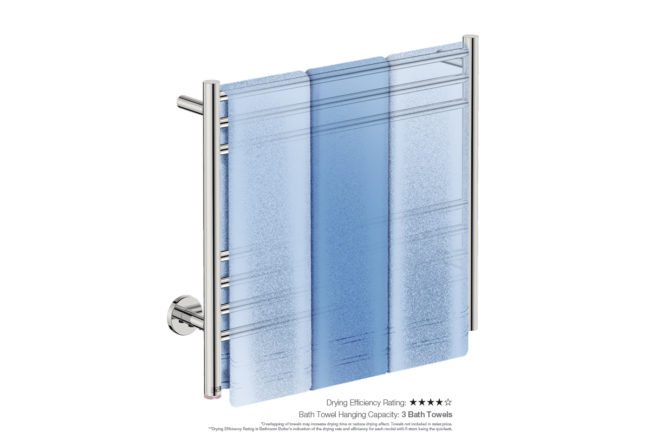 Natural 7 Bar 650mm Heated Towel Rack Straight with PTSelect Switch showing artists impression of three bath towels folded twice on the short side - Bathroom Butler