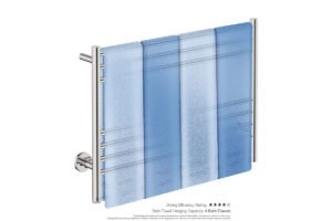 Natural 7 Bar 800mm Heated Towel Rack Straight with PTSelect Switch showing artists impression of four bath towels folded twice on the short side - Bathroom Butler