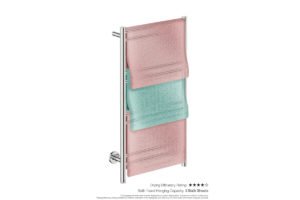 Natural 8 Bar 500mm Heated Towel Rack Straight with PTSelect Switch showing artists impression of three bath sheets folded twice on the long side - Bathroom Butler