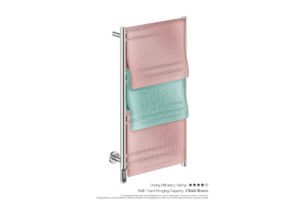 Natural 8 Bar 500mm Heated Towel Rack Straight with TDC Timer showing artists impression of three bath sheets folded twice on the long side- Bathroom Butler