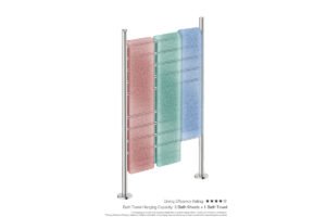 Natural 9 Bar 650mm Floor Mounted Heated Towel Rack Straight with PTSelect Switch showing artists impression of two folded bath sheets and one bath towel - Bathroom Butler