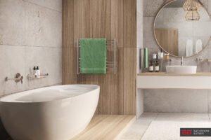 Bathroom setting with NATURAL 7 Bar Polished heated towel rail on wall at end of bath