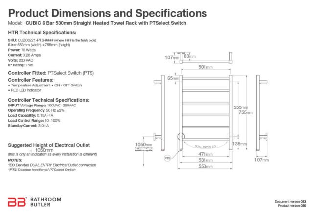 Specifications and Dimensions for CUBIC 6 Bar 530mm-STR-PTS