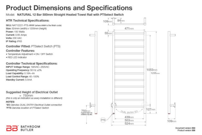Specifications and Dimensions for NATURAL 12 Bar 500mm-STR-PTS