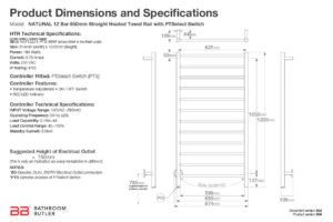 Specifications and Dimensions for NATURAL 12 Bar 650mm-STR-PTS