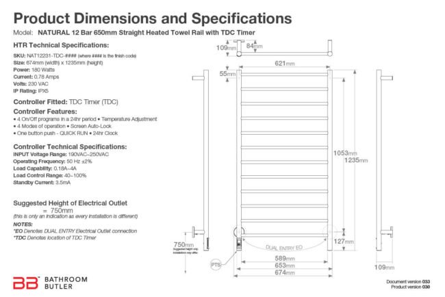 Specifications and Dimensions for NATURAL 12 Bar 650mm-STR-TDC