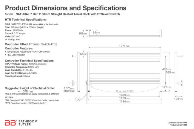 Specifications and Dimensions for NATURAL 7 Bar 1100mm-STR-PTS