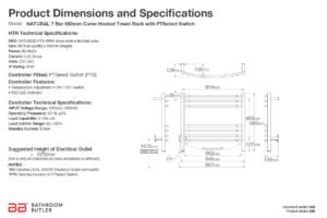 Specifications and Dimensions for NATURAL 7 Bar 650mm-CRV-PTS