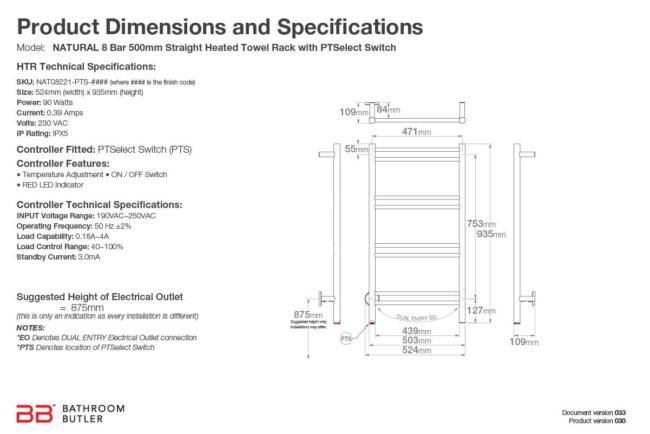 Specifications and Dimensions for NATURAL 8 Bar 500mm-STR-PTS