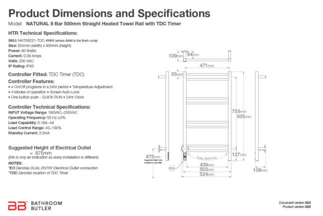 Specifications and Dimensions for NATURAL 8 Bar 500mm-STR-TDC
